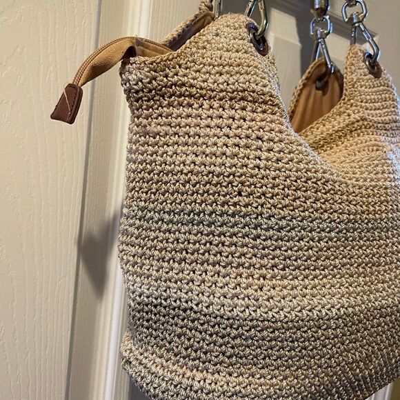 The SAK Crochet Sand,gray &khaki bucket style shoulder bag braided brown straps - Picture 6 of 14